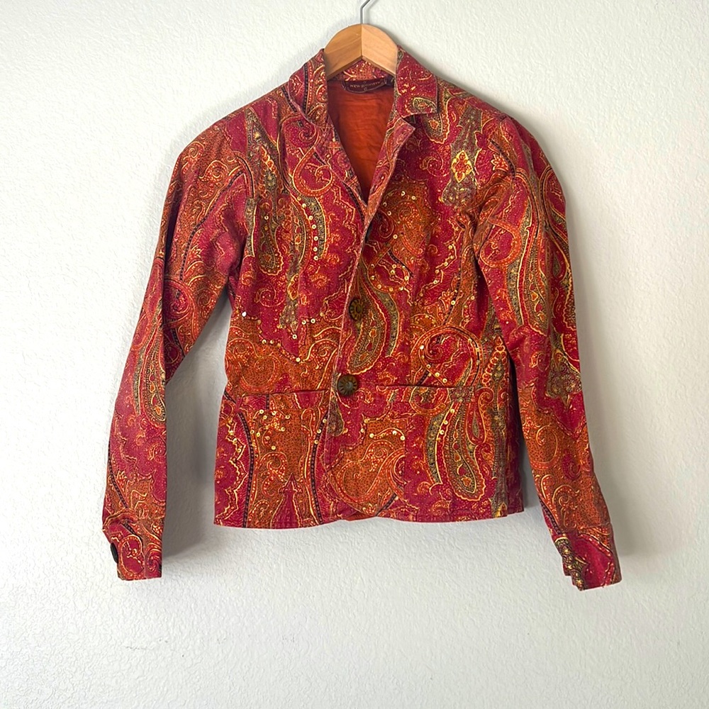 New Identity: Red/ orange Floral blazer:with sequin and beautiful buttons! Small